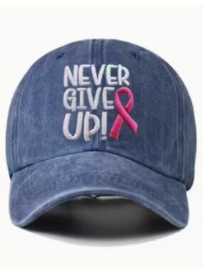 1-Never Give Up Denim Baseball Cap with Pink Ribbon